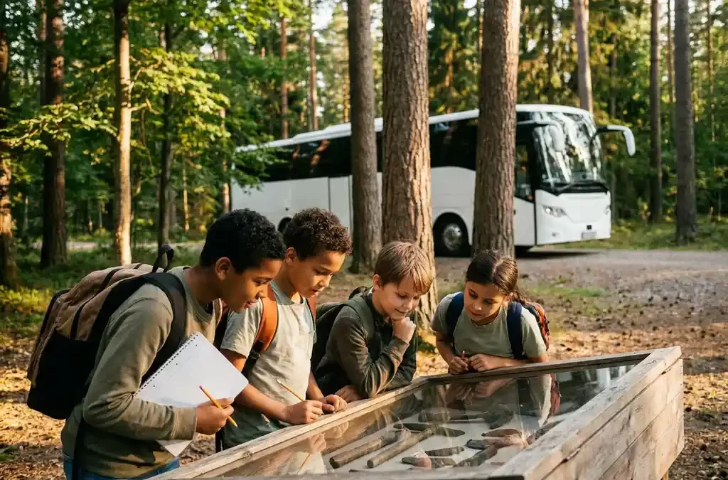 Kinderen met rugzakken en notitieboekjes bij een openluchtmuseum, touringcar zichtbaar tussen bomen in warm middaglicht.