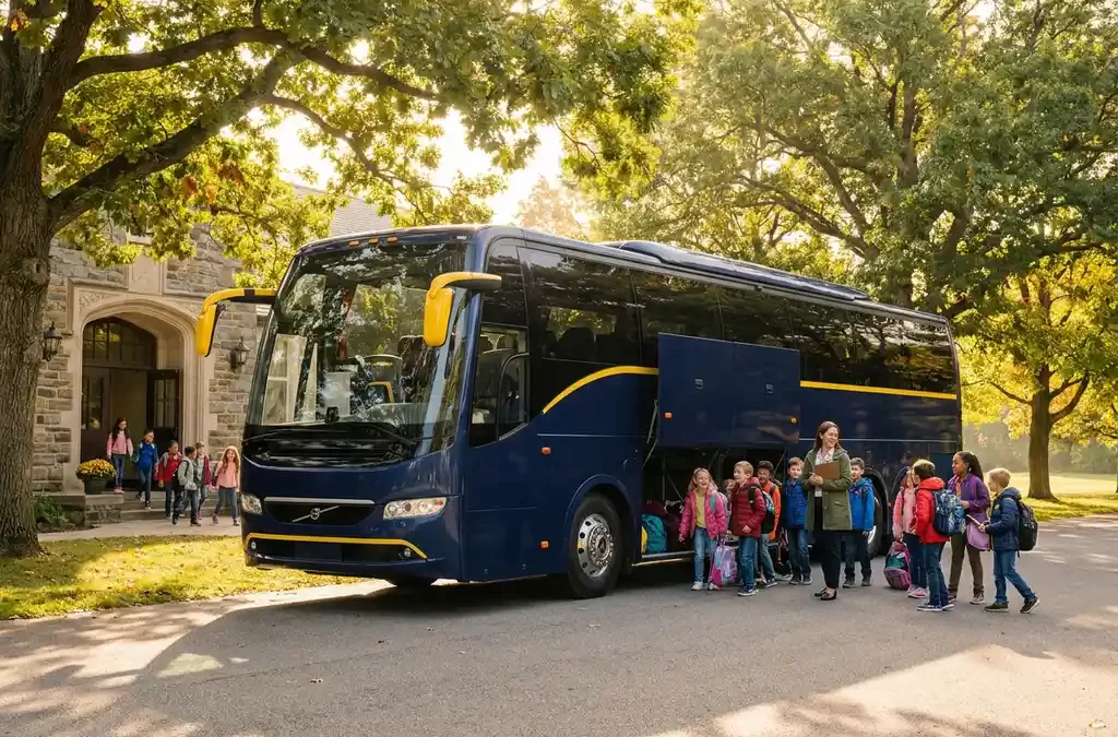 Kinderen laden kleurrijke rugzakken in een marineblauwe touringcar voor een schoolingang, begeleid door een leraar met klembord.
