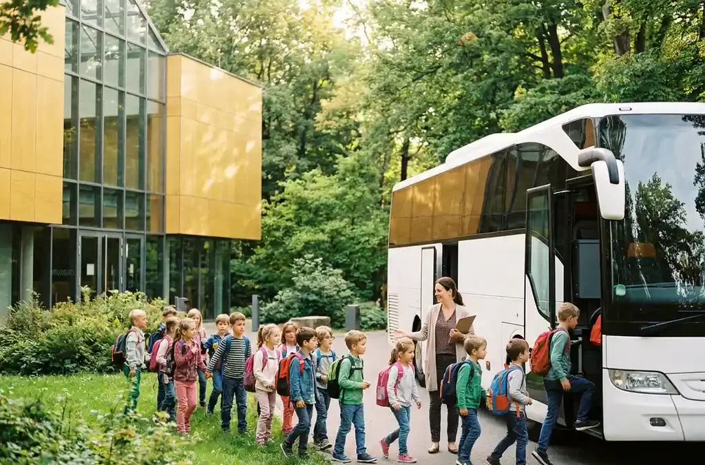 Schoolkinderen met rugzakken stappen in een witte touringcar bij een museumingang, begeleid door een leraar met klembord.