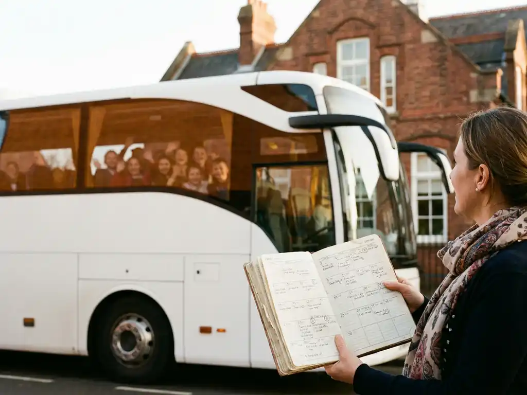 Leraar met papieren planner vol aantekeningen naast een witte touringcar voor een basisschool, kinderen zichtbaar door het raam.