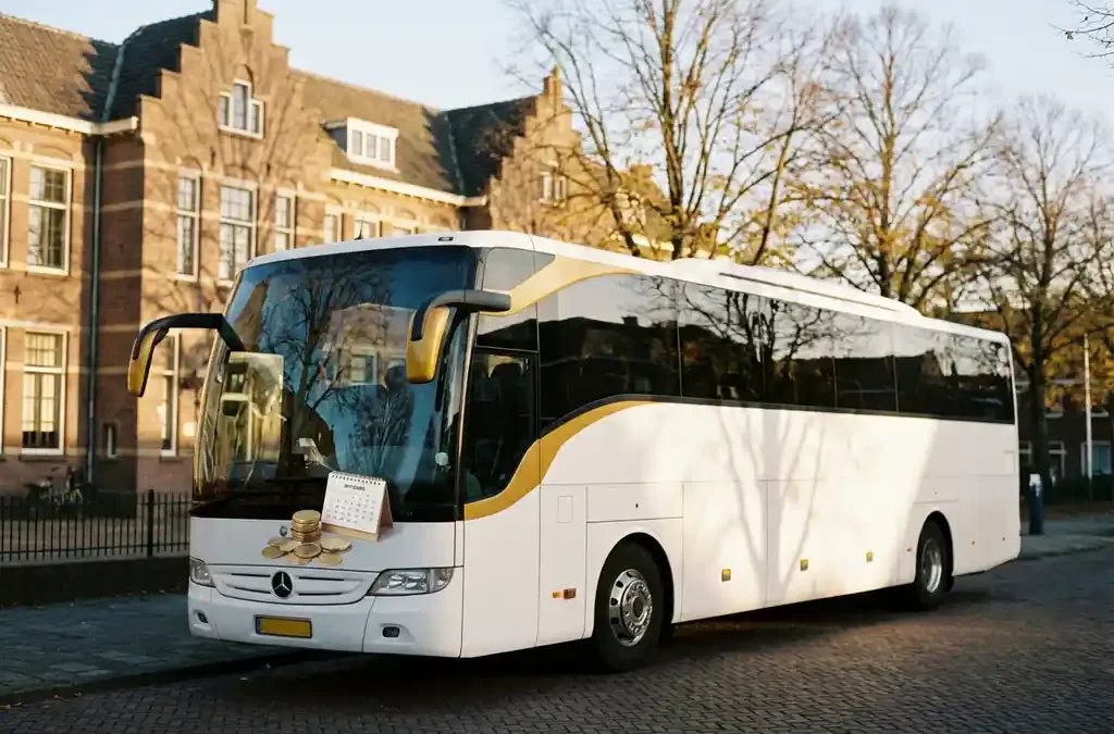 Moderne touringcar geparkeerd voor een klassiek Nederlands schoolgebouw met euromunten en kalender op de motorkap in herfstig middaglicht.